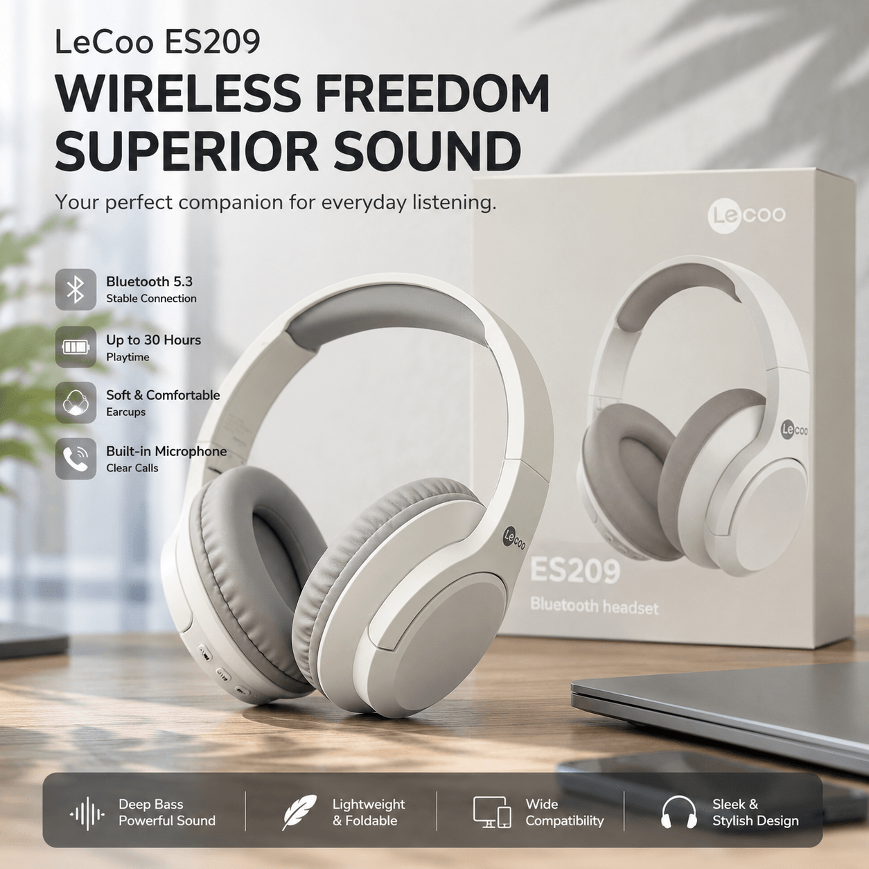 TAI NGHE CHỤP TAI LENOVO LECOO ES209 - PIN 60H -Bluetooth 5.3