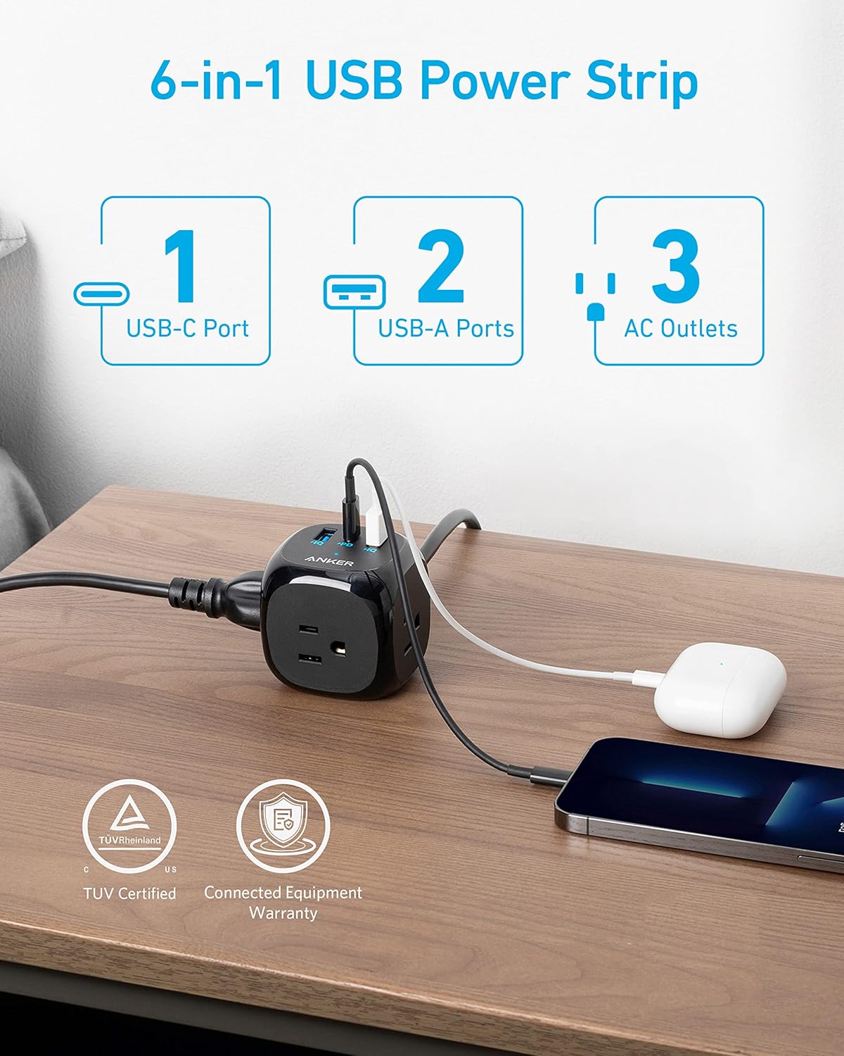 Ổ Cắm Điện ANKER 321 Power Strip 2 Cổng USB 1 Cổng 𝐔𝐒𝐁-𝐂 𝟐𝟎𝐖 𝐏𝐃 với 3 Lỗ Cắm AC