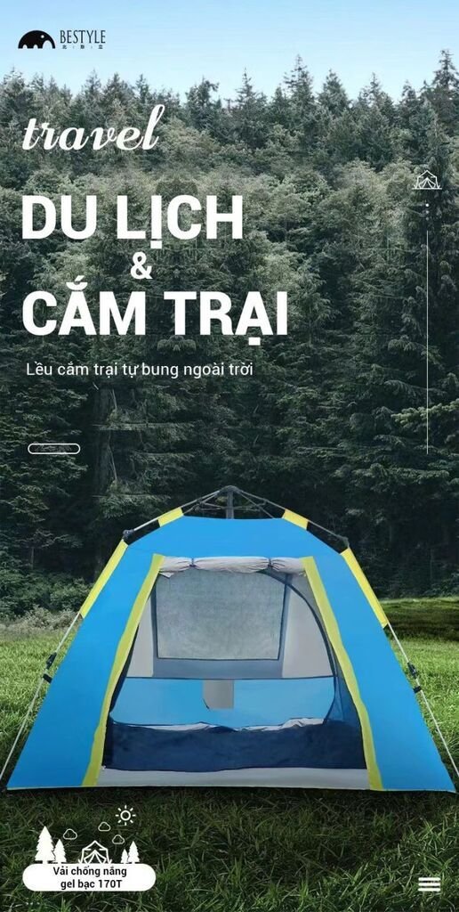 Lều Cắm trại Camping Tự Mở BESTYLE Khung Sợi Thuỷ Tinh Chịu Lực , Vải 2 Lớp Siêu Bền Chống Nước - Ảnh 2