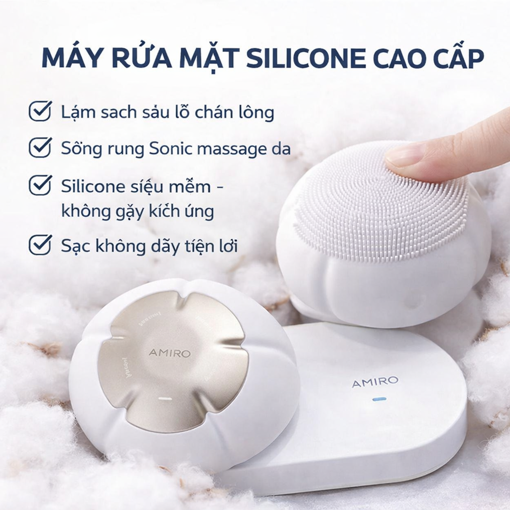 Máy Rửa Mặt  AMIRO Flo Gentle Care Facial Cleansing Brush- Làm Sach Sâu 99.9%- 4 Chế Độ Làm Sạch - Sạc Không Dây Masafe- Chống nước IPX6