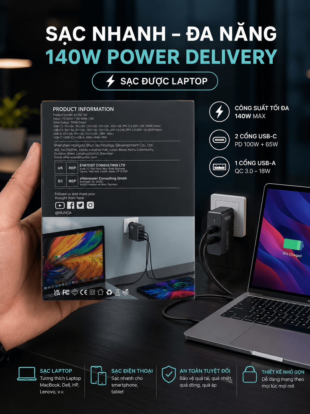 SẠC NHANH GAN 100W và 140W HUNDA – NHỎ GỌN, MẠNH MẼ, ĐA NĂNG - Ảnh 2