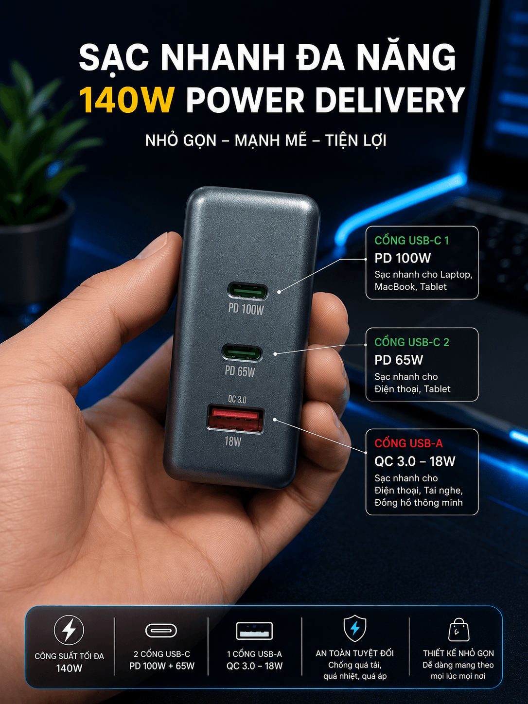 SẠC NHANH GAN 100W và 140W HUNDA – NHỎ GỌN, MẠNH MẼ, ĐA NĂNG - Ảnh 5