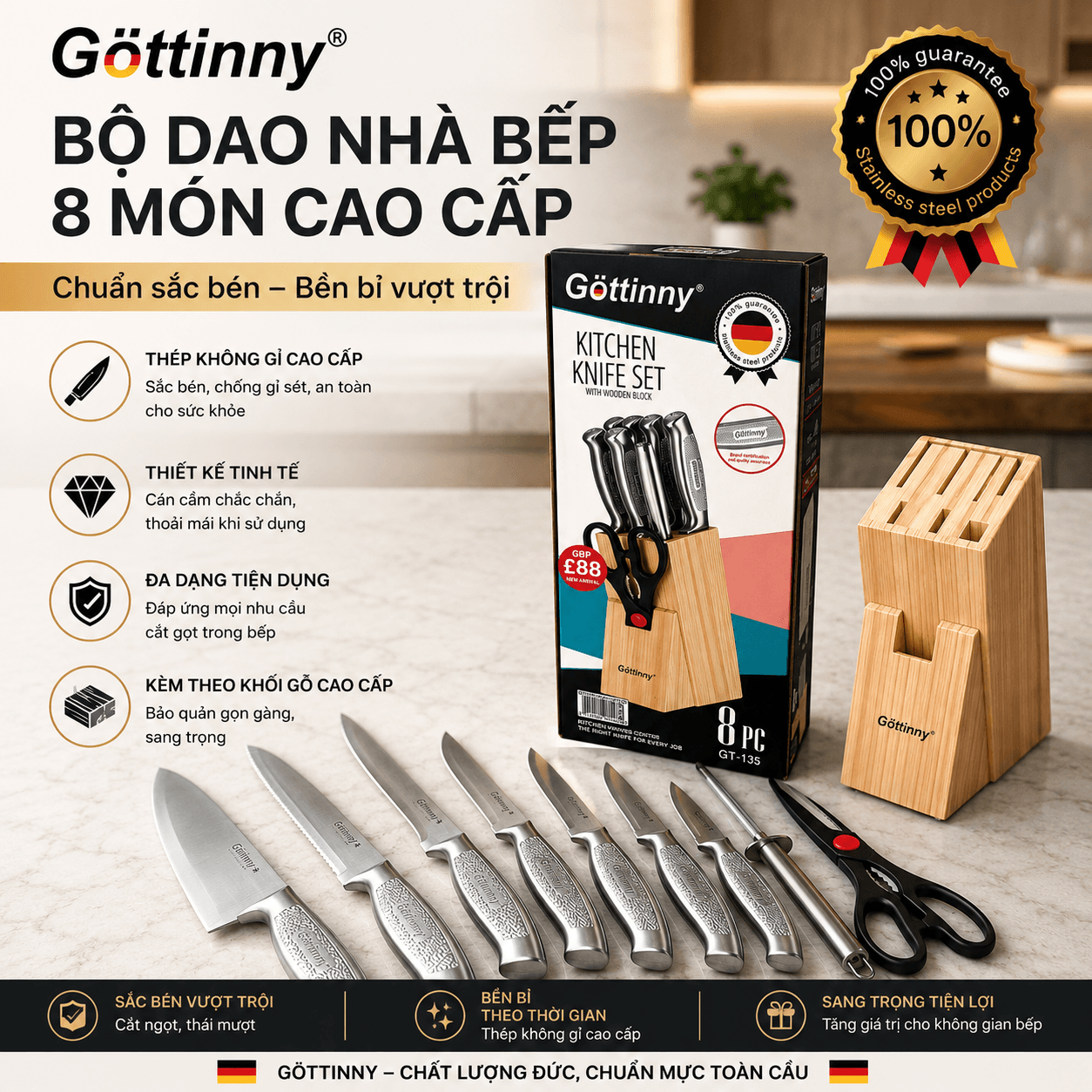 Bộ Dao Siêu Sắc Nhà Bếp 8 Món GOTTINY, Kèm Đế Dao Bằng Gỗ, Thương Hiệu Đức - Hàng chính hãng 100% – Brand Certification