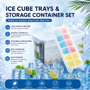 Bộ Khay Làm Đá Và Hộp Đựng Đá Marbrasse Amazon 4 Trong 1- Có Nắp Khóa Kín Khí, 3 gói / 36 Viên - Xếp Chồng Tiện Ích